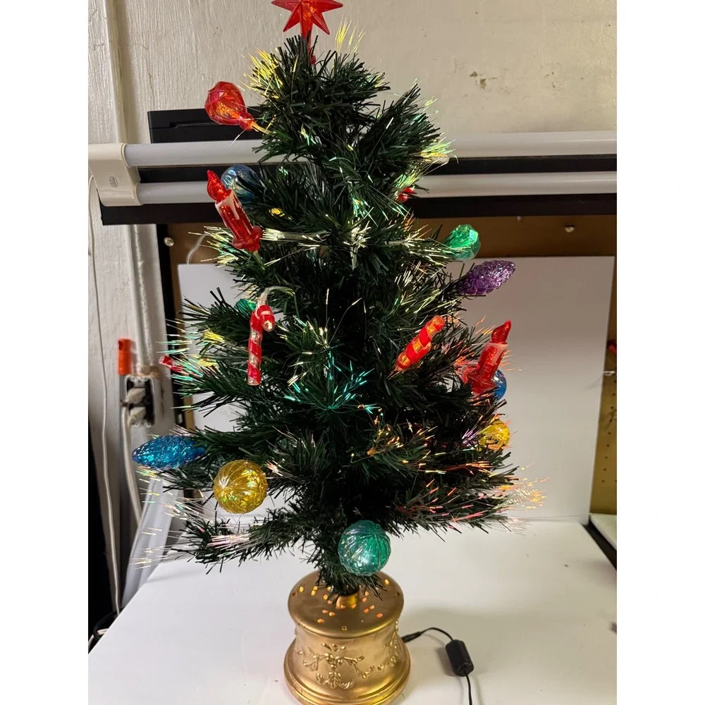 Vintage Fiber Optic Tabletop Christmas Tree Gold Base Ornaments Star 18 Inch